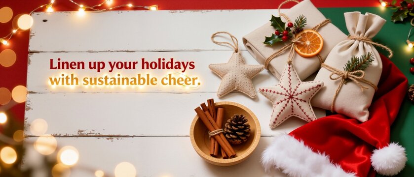 Sustainable Christmas flat lay with linen gift bags and handmade stars. Eco-friendly holiday banner with natural decorations and text - Powered by Adobe