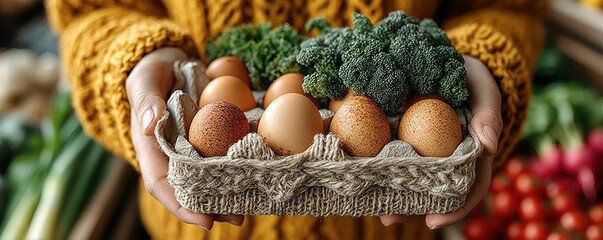 Person holding carton of eggs and fresh broccoli at a local farmers market