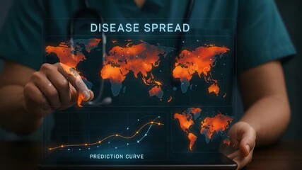 Disease spread prediction curve with global infection map and digital data analysis highlighting urgent health monitoring efforts and infection trends worldwide on interactive world map - Powered by Adobe