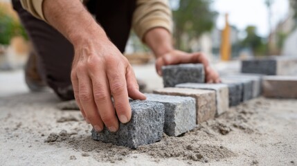 A skilled male worker, focused and determined, carefully arranges stone pavers on a sandy surface.