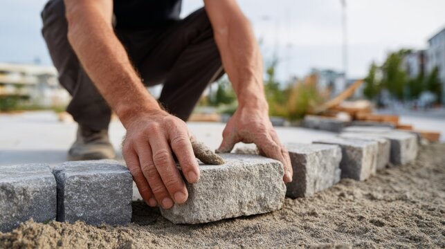A skilled male worker, focused on laying stone pavers, demonstrates craftsmanship at an outdoor construction site.