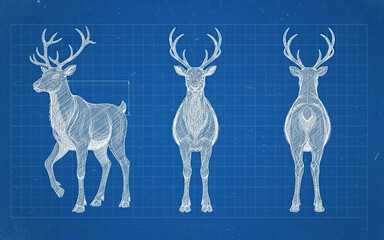 Technical blueprint drawing of a festive reindeer, technical engineering schematic on blue background