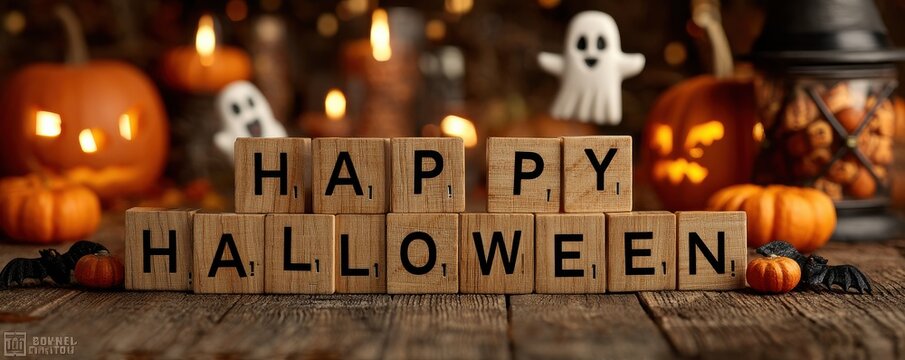 Festive Halloween Greeting with Wooden Blocks and Spooky Decorations