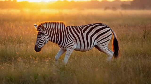 Zebra resting in tall grass at sunset with golden light illuminating the landscape beautifully zebra video