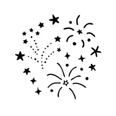 Doodle set of fireworks and falling star trail isolated