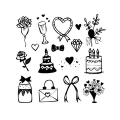 Collection of romantic doodle icon set isolated on