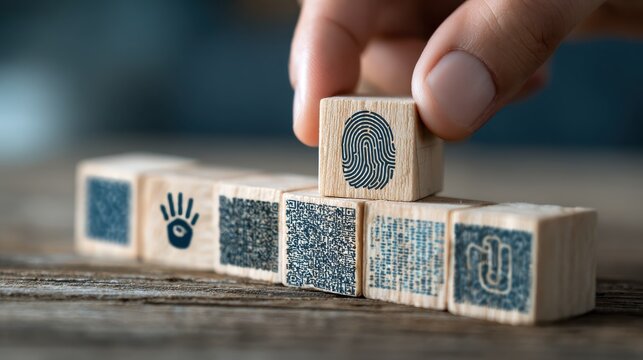 Hand placing wooden block with fingerprint design among other blocks featuring unique patterns on rustic wood background, symbolizing identity and technology - Powered by Adobe