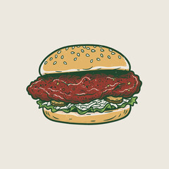 Hot Chicken Sandwich Graphic.Retro Fried Sandwich Art.Vintage Fast Food Burger.Spicy Street Food Vector.Distressed Deli Icon