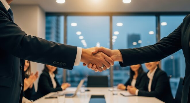 Close-up of a Business Handshake at a Conference Table, Confirming a Deal with a Team of Colleagues in the Background
