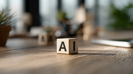 Wooden block with AI letters on a desk, showcasing artificial intelligence theme, modern workspace with plants, technology and creativity concept