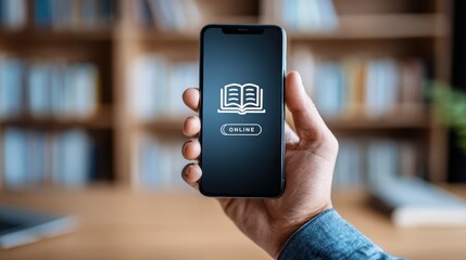Hand Holding Smartphone Displaying Online Book Symbol in Modern Workspace with Blurred Bookshelf Background and Warm Wooden Desk
