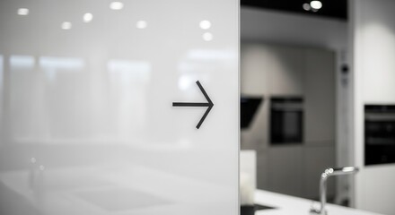 Minimalist Interior with Arrow Sign Directing The Path Forward Towards The New Kitchen