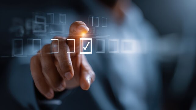 Business person interacting with digital interface, selecting options with finger touch, highlighting check mark in modern technology concept