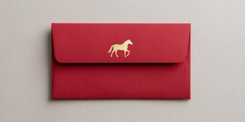 Red envelope with gold horse emblem on textured light surface, minimalistic and elegant design for invitations or greeting cards