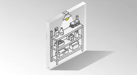 Minimalist Isometric Shelf Illustration With Cleaning Tools Under A Modern Lamp