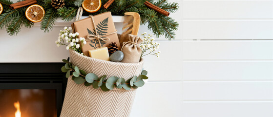 Sustainable Christmas stocking filled with eco-friendly gifts and natural beauty products hanging on fireplace. Zero waste holiday banner with copy space