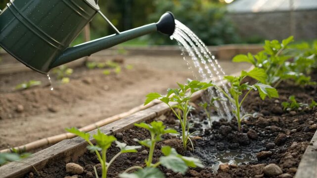 Young vegetable seedlings gently watered with metal watering can raised garden bed with fresh soil morning light nurturing growth peaceful home