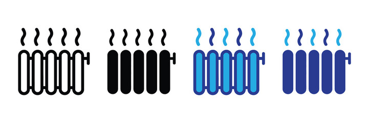 Set of four radiator icons showing heat emission and different styles: outline, solid black, blue and white fill, and solid blue, representing heating and climate control.