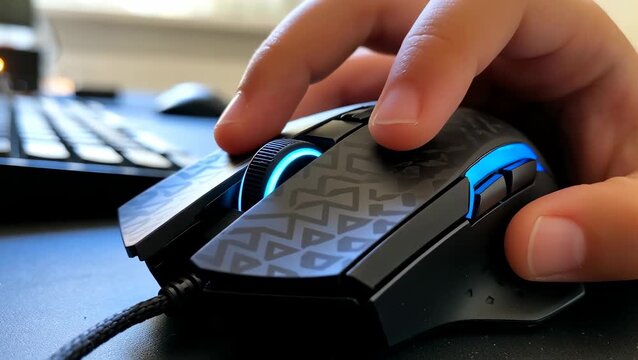 Close-Up of a Hand Using a Gaming Mouse on a Desk