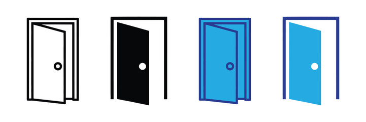 Collection of four stylized icons depicting an open door in various simple graphic styles and colors, including line art, silhouette, and flat design.