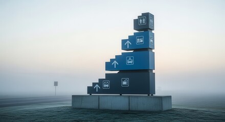 Modern Directional Sign With Arrows And Icons Against A Misty Landscape