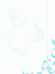 A lined sheet of paper with light watercolor splashes of water along the edges.