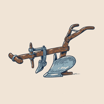 Vintage Hand Plow Illustration.Old Farm Tool Vector.Retro Wooden Plough Design.Engraved Style Cultivator.Agricultural Equipment Sketch