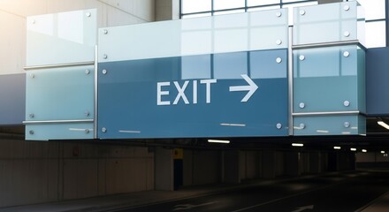 Modern Exit Sign Directing Passage With Arrow In Public Transportation Architecture
