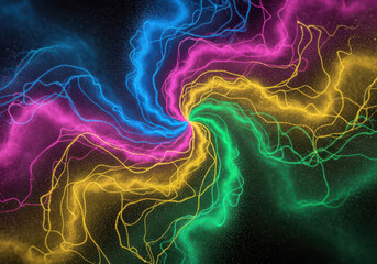 Vibrant abstract particle swirl in blue, pink, yellow, and green