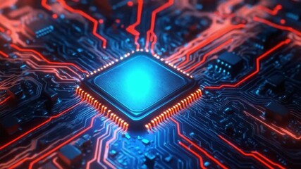 Microchip circuit board glowing technology electronic close up microprocessor digital hardware computer with vibrant glowing red and blue circuit lines detailed electronic components motherboard - Powered by Adobe
