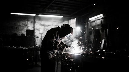 Industrial welder in protective gear creating sparks in a dark workshop