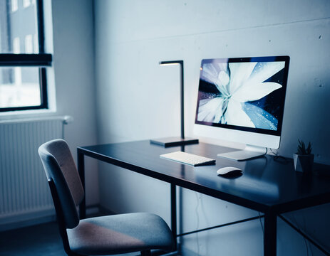 Sleek Minimalist Home Office Setup Featuring a Modern Computer Monitor and Desk Lamp in Soothing Cool Tones for Enhanced Productivity - Powered by Adobe
