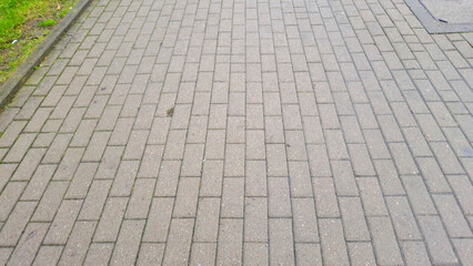 Fototapeta premium A close-up view of a gray brick pavement, showcasing a well-maintained walkway in an urban setting. The neat arrangement creates a modern aesthetic, ideal for city landscapes.
