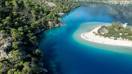 Stunning drone shot of &Ouml;l&uuml;deniz Blue Lagoon, a famous summer travel destination.