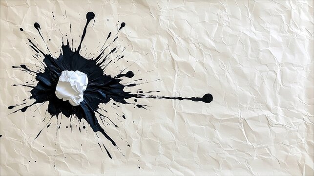 A dynamic splash of black ink spreads across crumpled paper, with a crumpled white paper ball at its center.