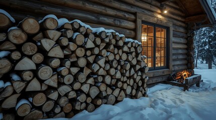 Winter scene with organized firewood beside a home.