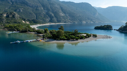 Aerial view of &Ouml;l&uuml;deniz Blue Lagoon showing its iconic turquoise waters and summer coastline