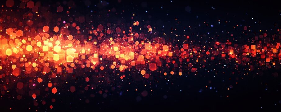 Vibrant pixelated abstract background with glowing orange hexagons