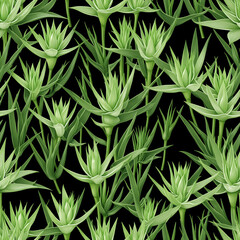Fototapeta premium Seamless pattern with green aloe leaves in botanical decorative style on dark background for textile, wallpaper and fabric design - AI generated