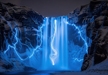 Mystical night waterfall, blue light trails against icy winter cliffs