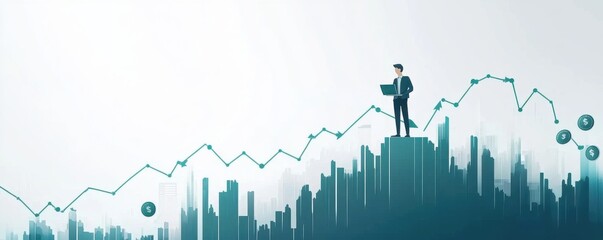 Businessman analyzing financial growth on a city skyline chart