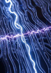 Abstract electric energy flowing through blue translucent wavy conduits