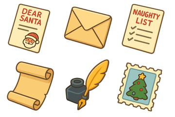 Festive christmas icons: santa letter, naughty list, envelope, scroll, ink, stamp