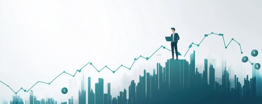 Businessman analyzing financial growth on a city skyline chart - Powered by Adobe