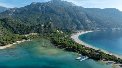 Aerial view of &Ouml;l&uuml;deniz Blue Lagoon showing its iconic turquoise waters and summer coastline