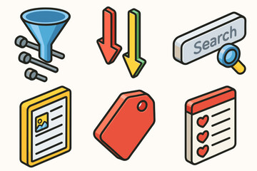 Colorful isometric icons featuring funnel, arrows, search, document, tag, checklist