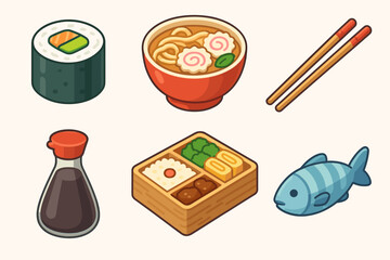Traditional japanese cuisine icons: sushi, ramen, bento, soy sauce, chopsticks, fish