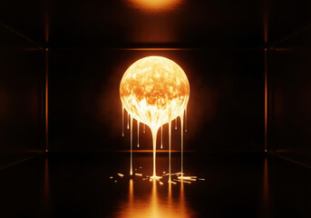 Molten sphere dripping glowing orange liquid light on reflective floor