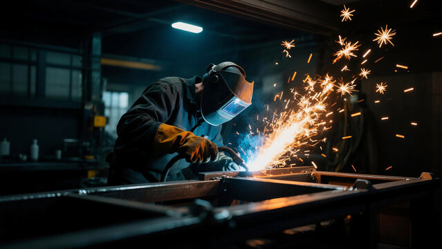 Intense welding sparks illuminate a masked worker in a dark industrial setting - Powered by Adobe