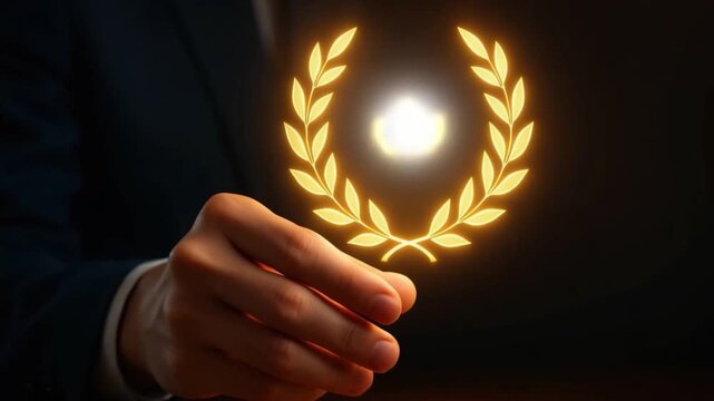 Glowing golden laurel wreath held by hand with glowing symbol of achievement and success, dark background and warm light creating inspiring atmosphere and award of victory